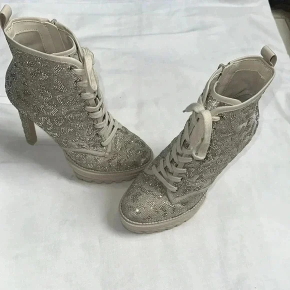 EUC GIANNI BINI HALLAND GLITZY EMBELLISHED LEOPARD PLATFORM HEELED BOOTIES - Picture 2 of 13